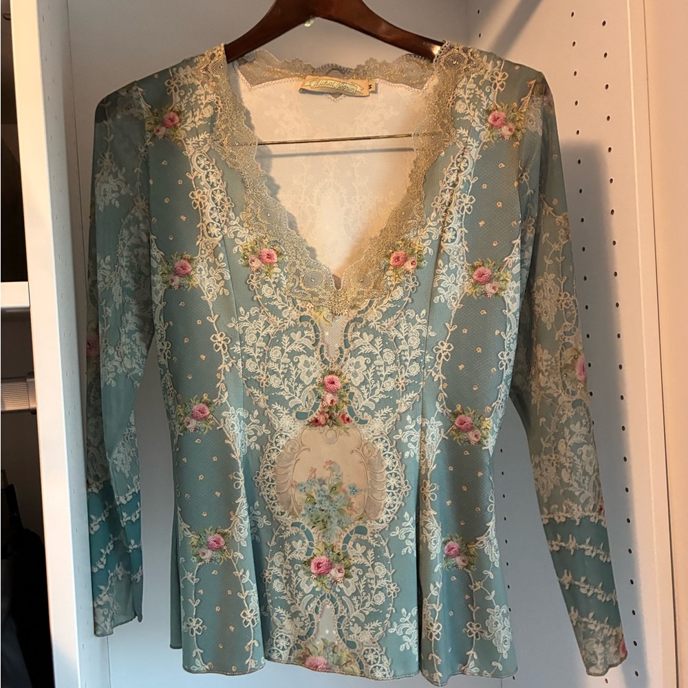 Michal Negrin Blue and Cream Floral Blouse
